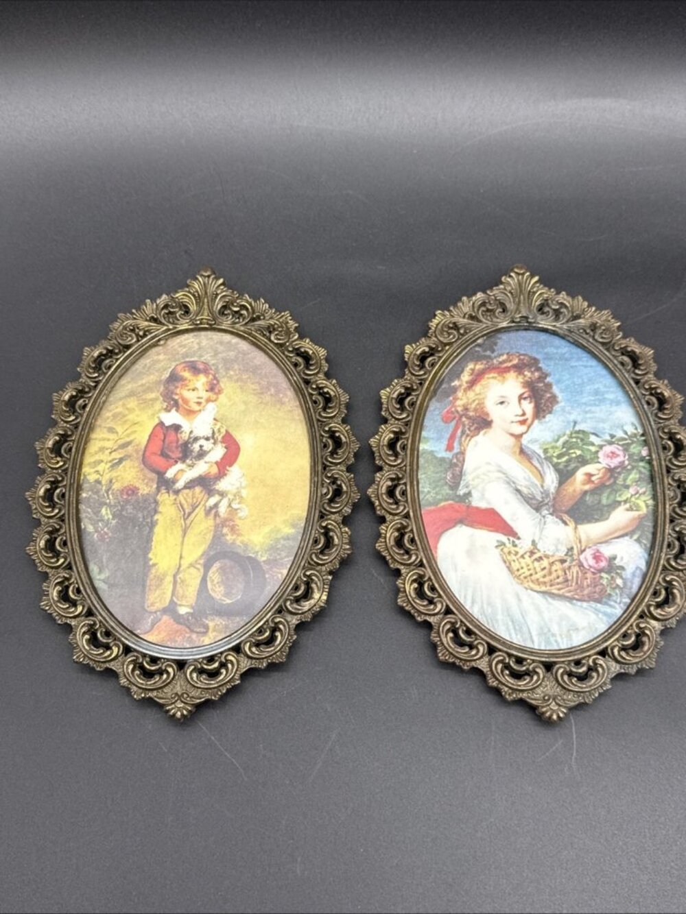 VTG Ornate Italy Brass Metal Glass Frames Oval Boy Dog Girl Flowers Wall Art Set